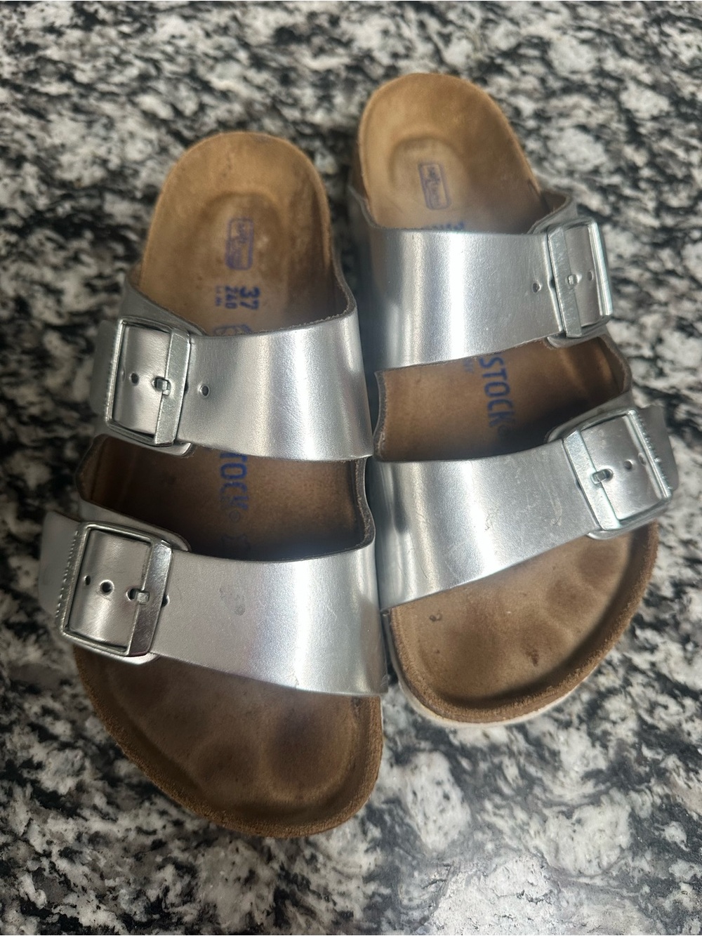 Birkenstock Leather Silver two strap sandals. EUC.